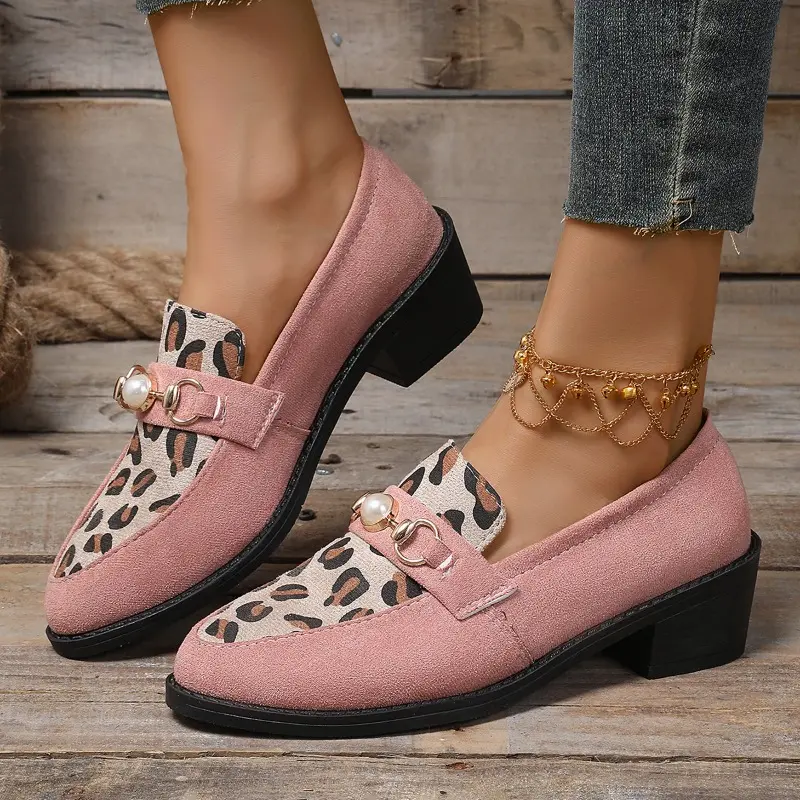 Autumn New Coarse Heel Shoes Women's Fashion Round Head Suede Metal Buckle Soft Sole Non-slip Low-top Shoes
