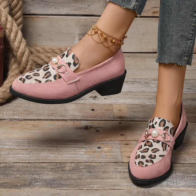 Autumn New Coarse Heel Shoes Women's Fashion Round Head Suede Metal Buckle Soft Sole Non-slip Low-top Shoes