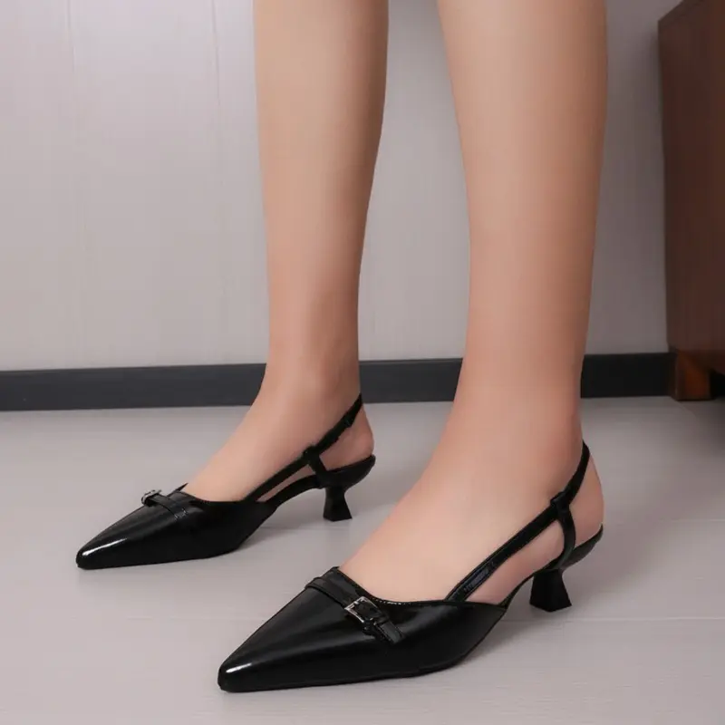 Women's Baotou Sandals Spring New Pointed Head Shallow Mouth Metal Buckle A Word with Anti-slip Wear-resistant High Heels