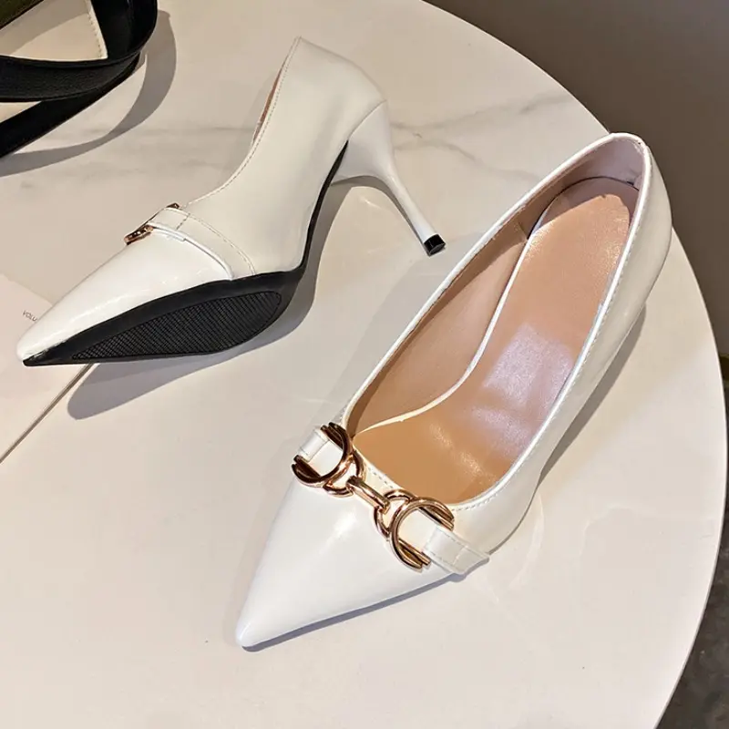 Low-top Single Shoes Women Fashion Pointed Shallow Mouth Metal Buckle Set Foot Anti-slip Wear-resistant High Heels