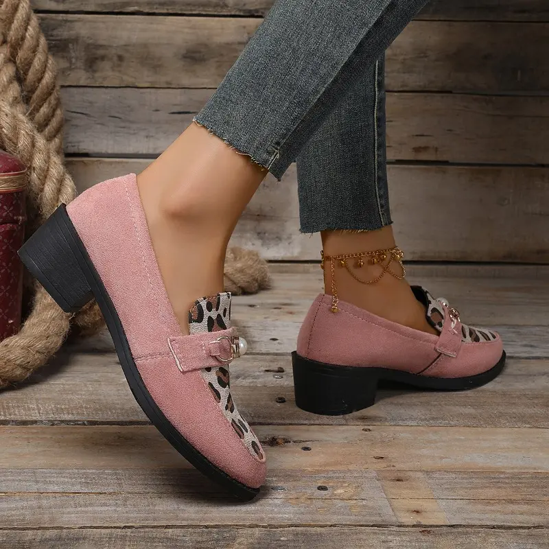 Autumn New Coarse Heel Shoes Women's Fashion Round Head Suede Metal Buckle Soft Sole Non-slip Low-top Shoes