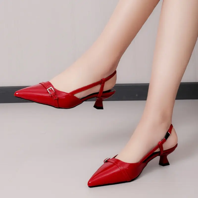 Women's Baotou Sandals Spring New Pointed Head Shallow Mouth Metal Buckle A Word with Anti-slip Wear-resistant High Heels