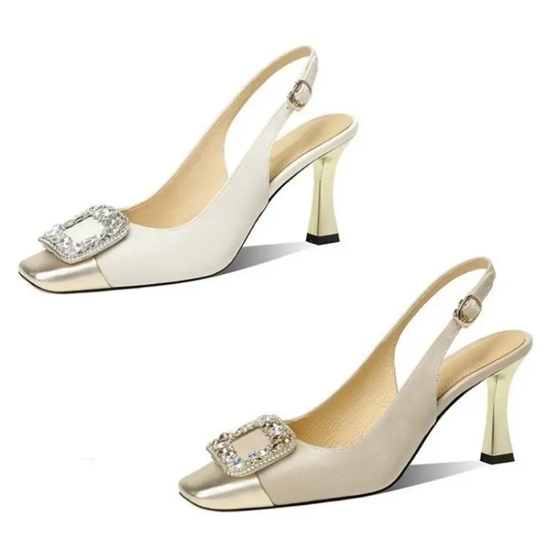 New Summer Fashion Square Toe Stiletto Stiletto Sandals Women Wear Wrapped Head Sequin Buckle One Strap Kitten Heel Sandals