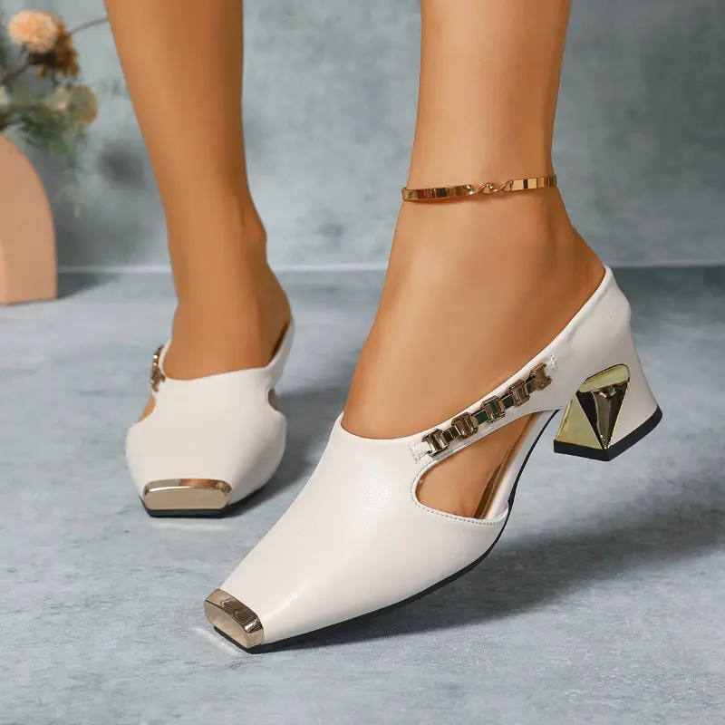 Special Heel Metal Wrapped Slippers Autumn New Square Toe Shallow Mouth Cutout Metal Chain Non-slip High Heels