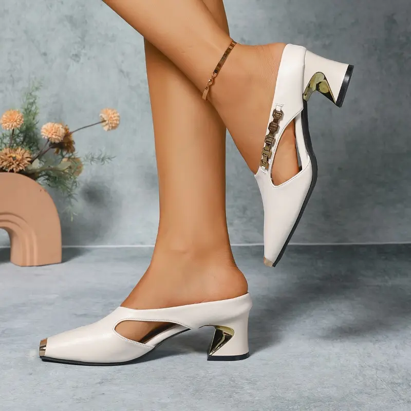 Special Heel Metal Wrapped Slippers Autumn New Square Toe Shallow Mouth Cutout Metal Chain Non-slip High Heels