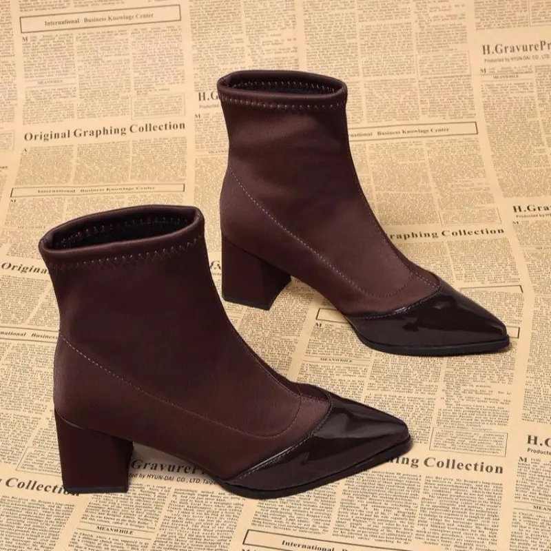Fashion Boots Autumn New Style Pointed Toe Splicing Suede Non-slip Wear-resistant Thick Heel Short Boots