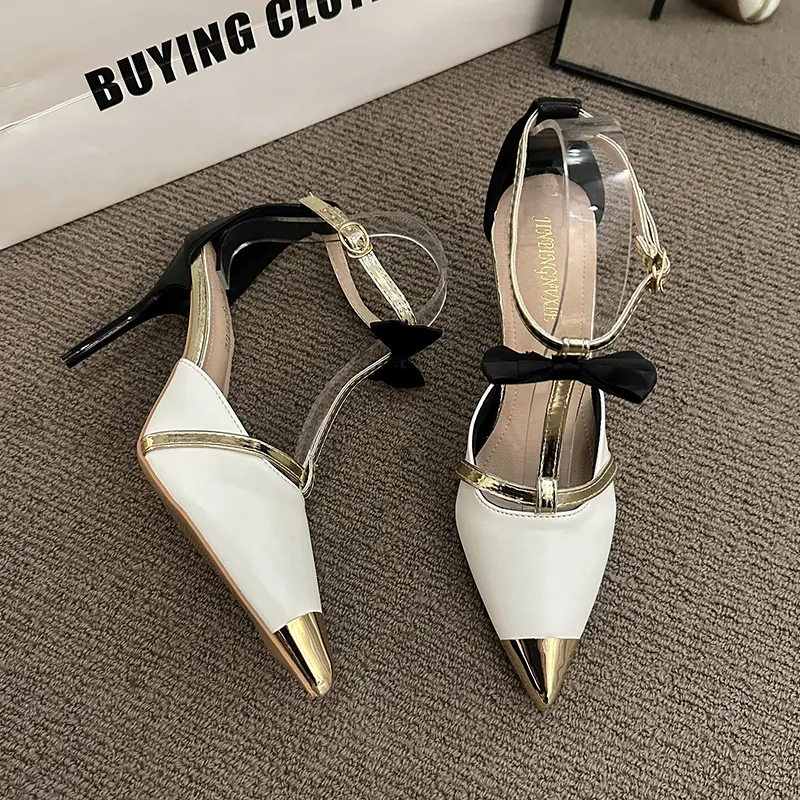 Spring New High-heeled Shoes for Women with Bow One-line Buckle Metal Braid Toe Sandals Pointed Thin Heels for Women