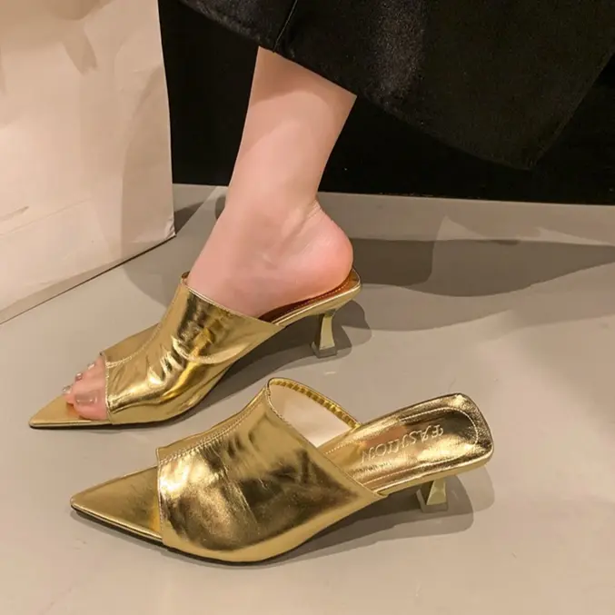 Summer New Patent Leather High Heel Sandals Stipple Heel Pointed Toe Open Toe Sex Wear Non-Slip Slip Slippers for Women
