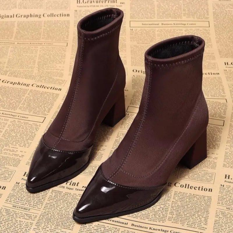 Fashion Boots Autumn New Style Pointed Toe Splicing Suede Non-slip Wear-resistant Thick Heel Short Boots