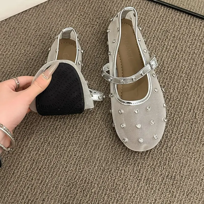 New Summer Fashion Flat Shoes Women's Fashion Round Toe Shallow Mouth Rivet One Buckle Soft Sole Flat Single Shoes