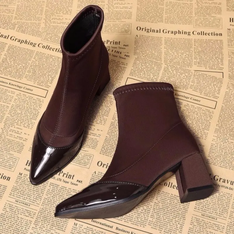 Fashion Boots Autumn New Style Pointed Toe Splicing Suede Non-slip Wear-resistant Thick Heel Short Boots