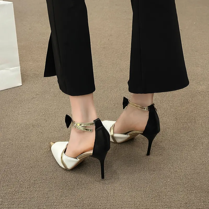 Spring New High-heeled Shoes for Women with Bow One-line Buckle Metal Braid Toe Sandals Pointed Thin Heels for Women