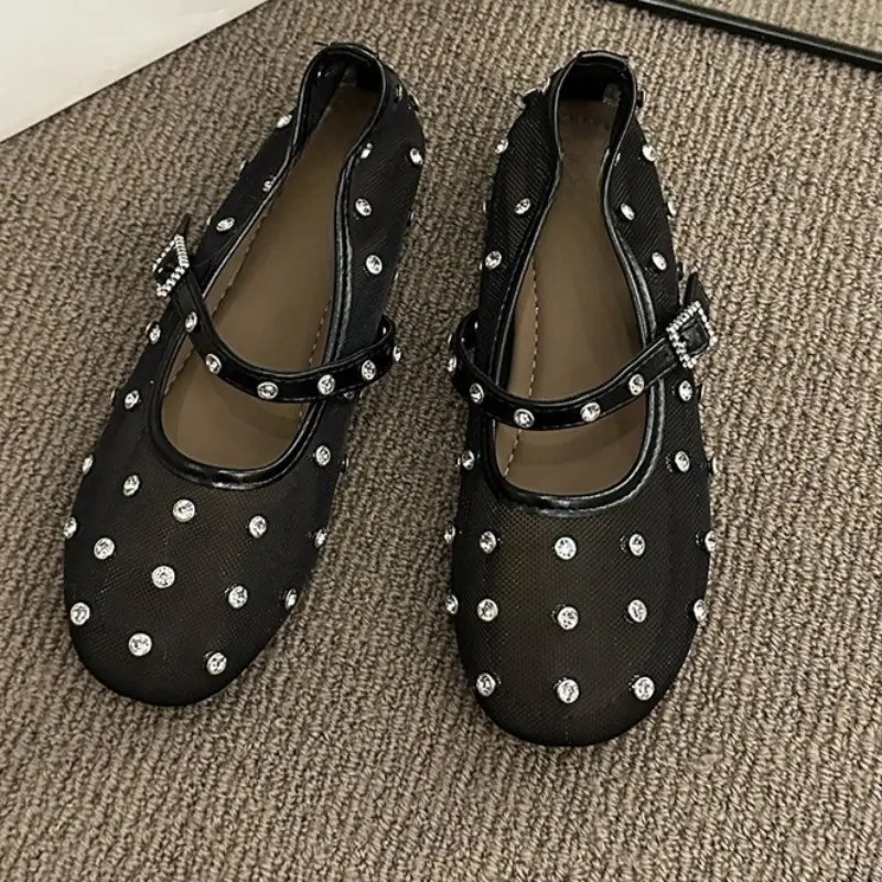 New Summer Fashion Flat Shoes Women's Fashion Round Toe Shallow Mouth Rivet One Buckle Soft Sole Flat Single Shoes