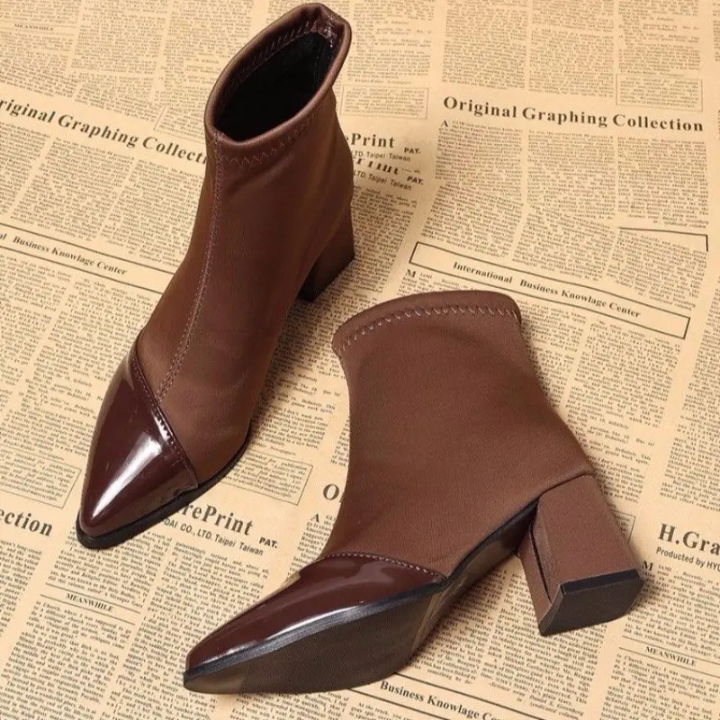 Fashion Boots Autumn New Style Pointed Toe Splicing Suede Non-slip Wear-resistant Thick Heel Short Boots