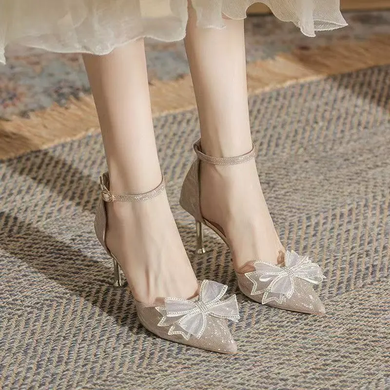 Low Top Single Shoes Women Fashion Pointy Light Mouth Sequin Butterfly Knot Line with Anti-slip Wear Heels