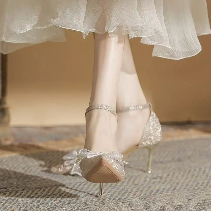 Low Top Single Shoes Women Fashion Pointy Light Mouth Sequin Butterfly Knot Line with Anti-slip Wear Heels