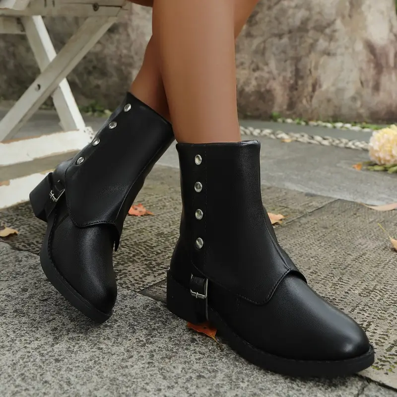 Fall New Block Heel Single Boots Women's Fashion Round Toe Sleeve Studded Metal Buckle Non-Slip Soft Sole Booties