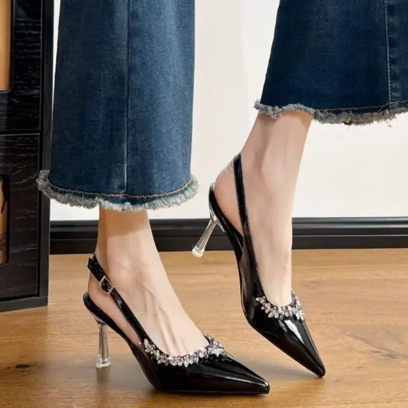Summer New Baotou Haute Couture Stiletto Pointed Toe High Heels  Rhinestone Trim Sexy One Strap Plus Size Sandals Women