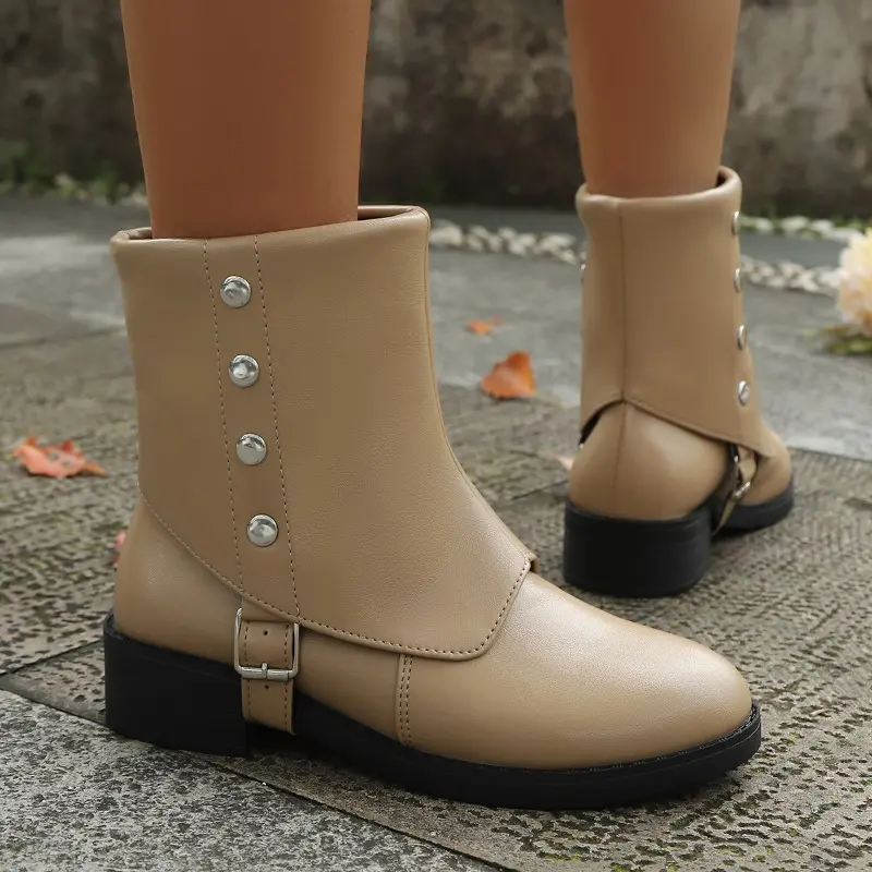 Fall New Block Heel Single Boots Women's Fashion Round Toe Sleeve Studded Metal Buckle Non-Slip Soft Sole Booties
