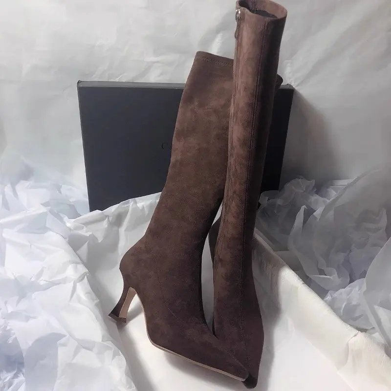 Women's Fashion Stiletto Cotton Boots Winter New Pointed Suede Side Zipper Anti-slip Wear-resistant Boots