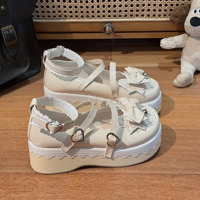 Spring New Wedge Shoes Women Round Head Shallow Bow Line with Waterproof Platform Anti-slip Wear-resistant Mary Single Shoes