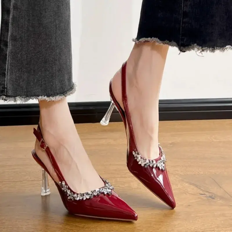 Summer New Baotou Haute Couture Stiletto Pointed Toe High Heels  Rhinestone Trim Sexy One Strap Plus Size Sandals Women