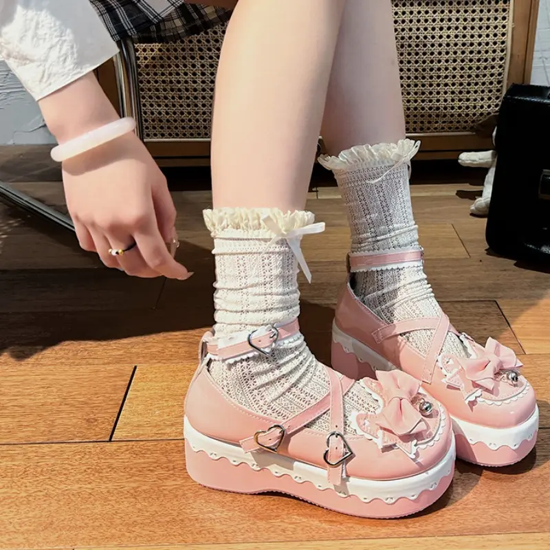Spring New Wedge Shoes Women Round Head Shallow Bow Line with Waterproof Platform Anti-slip Wear-resistant Mary Single Shoes