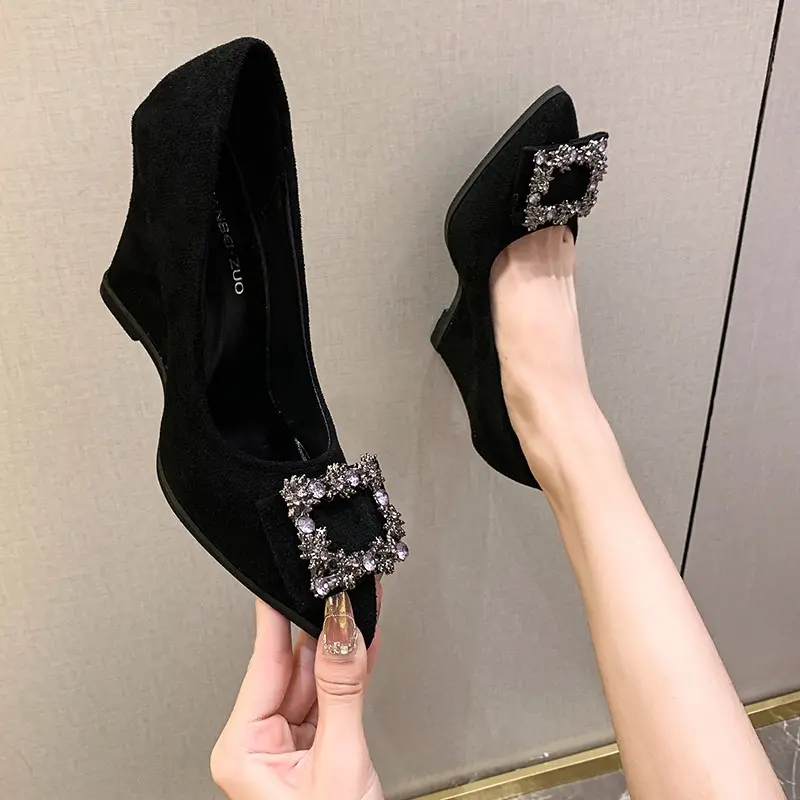 Women's Fashion Slope Heel Shoes Autumn I New Pointed Head Shallow Mouth Crystal Buckle Anti-slip Wear-resistant High Heels