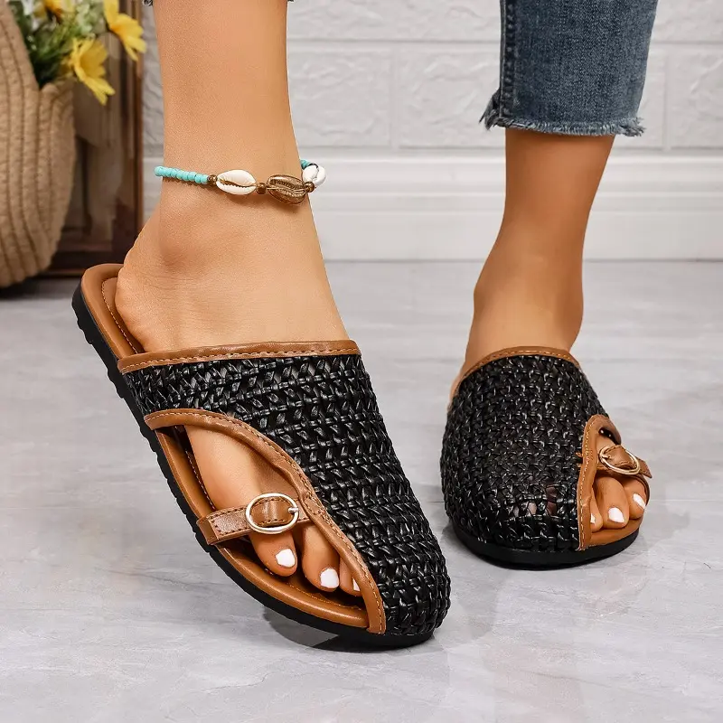 Flat Slippers Summer New Round Head Deep Mouth Metal Buckle Net Surface Soft Sole Anti-slip Wear-resistant Sandals