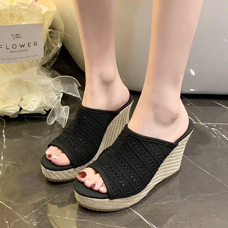 Vintage Super High Heel Woven Half Slippers Women Summer Small Wedge Heel Heightened Flip Flops Fish Mouth Cold Slippers