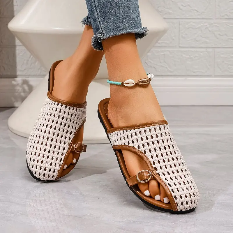 Flat Slippers Summer New Round Head Deep Mouth Metal Buckle Net Surface Soft Sole Anti-slip Wear-resistant Sandals