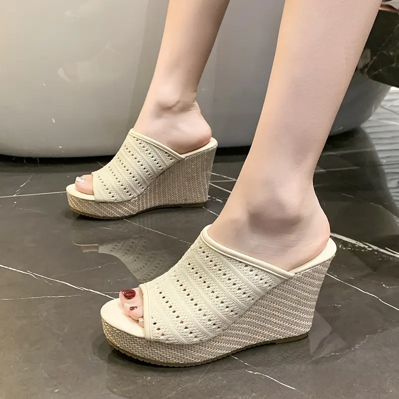 Vintage Super High Heel Woven Half Slippers Women Summer Small Wedge Heel Heightened Flip Flops Fish Mouth Cold Slippers