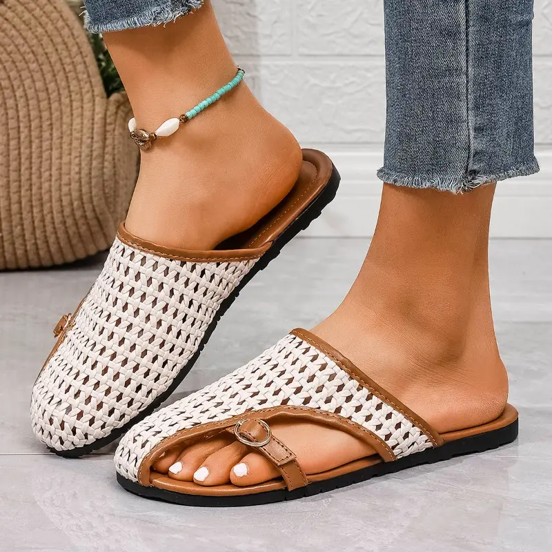 Flat Slippers Summer New Round Head Deep Mouth Metal Buckle Net Surface Soft Sole Anti-slip Wear-resistant Sandals