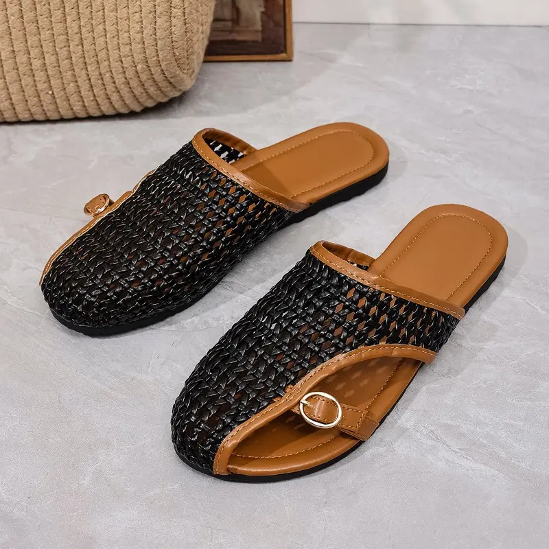 Flat Slippers Summer New Round Head Deep Mouth Metal Buckle Net Surface Soft Sole Anti-slip Wear-resistant Sandals
