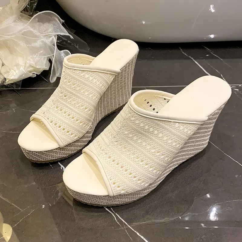 Vintage Super High Heel Woven Half Slippers Women Summer Small Wedge Heel Heightened Flip Flops Fish Mouth Cold Slippers