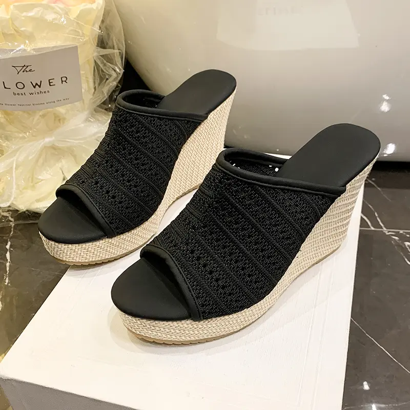 Vintage Super High Heel Woven Half Slippers Women Summer Small Wedge Heel Heightened Flip Flops Fish Mouth Cold Slippers