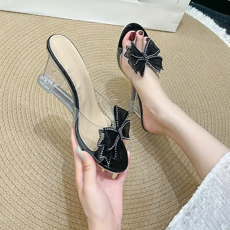 Plus Size High Heel Slippers Women's Wedge Round Toe Open Toe Crystal Bow One-Line Non-Slip Sheer Sandals Summer New