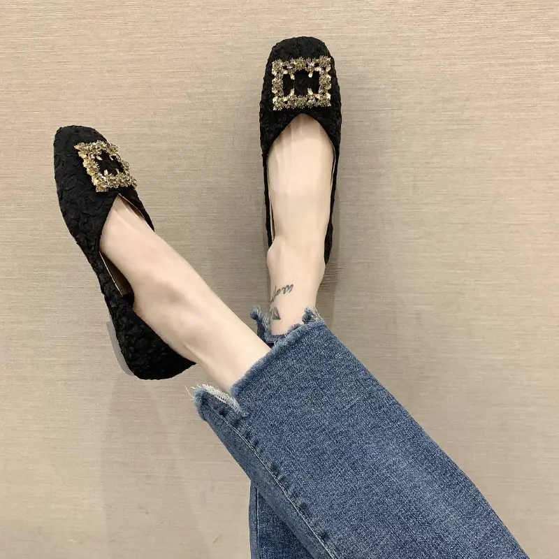 Women's Square Head Flat Shoes Fall New Shallow Mouth Rhinestone Square Buckle Fashion Shoes
