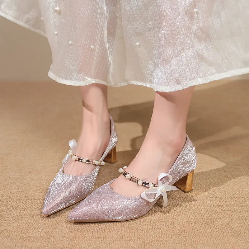 New One-line with Pointed Toe Shallow Single Shoes Feminine Pearl Bow Non-tiring Feet Non-slip Block Heel High Heels