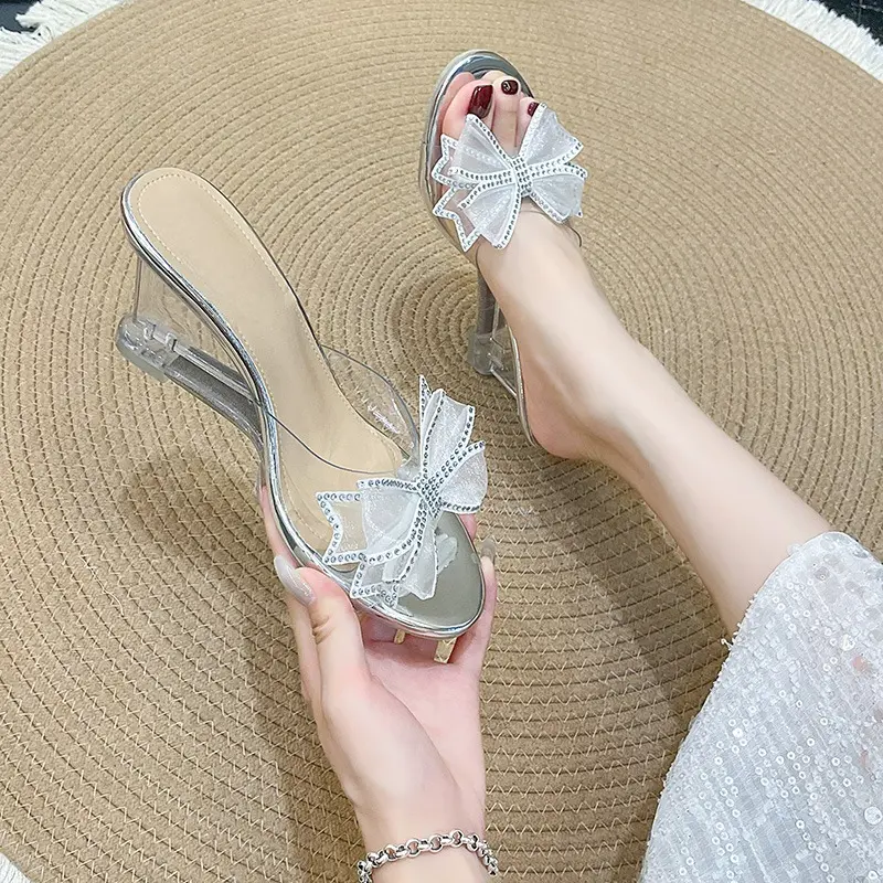 Plus Size High Heel Slippers Women's Wedge Round Toe Open Toe Crystal Bow One-Line Non-Slip Sheer Sandals Summer New