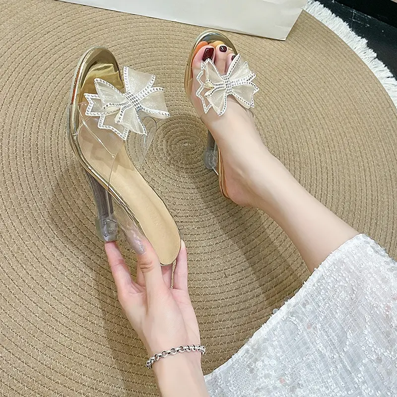 Plus Size High Heel Slippers Women's Wedge Round Toe Open Toe Crystal Bow One-Line Non-Slip Sheer Sandals Summer New