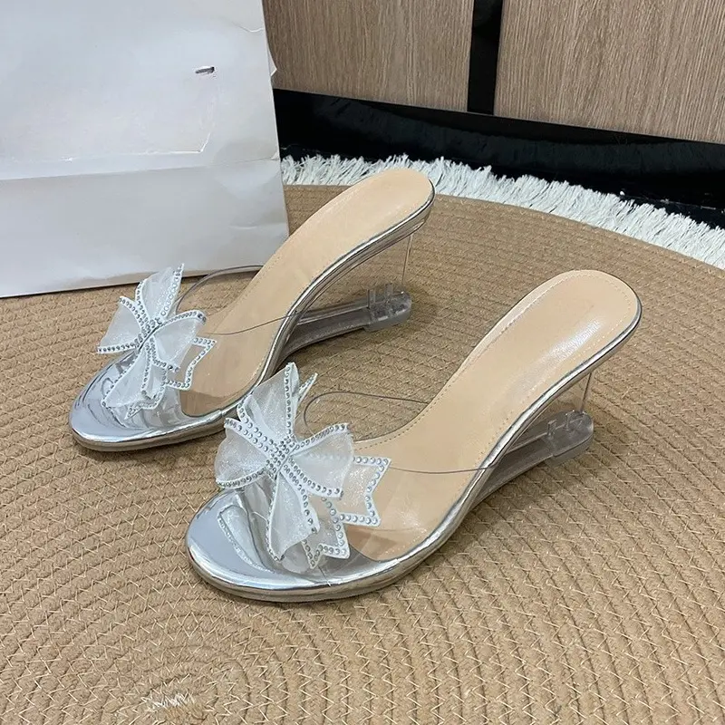 Plus Size High Heel Slippers Women's Wedge Round Toe Open Toe Crystal Bow One-Line Non-Slip Sheer Sandals Summer New