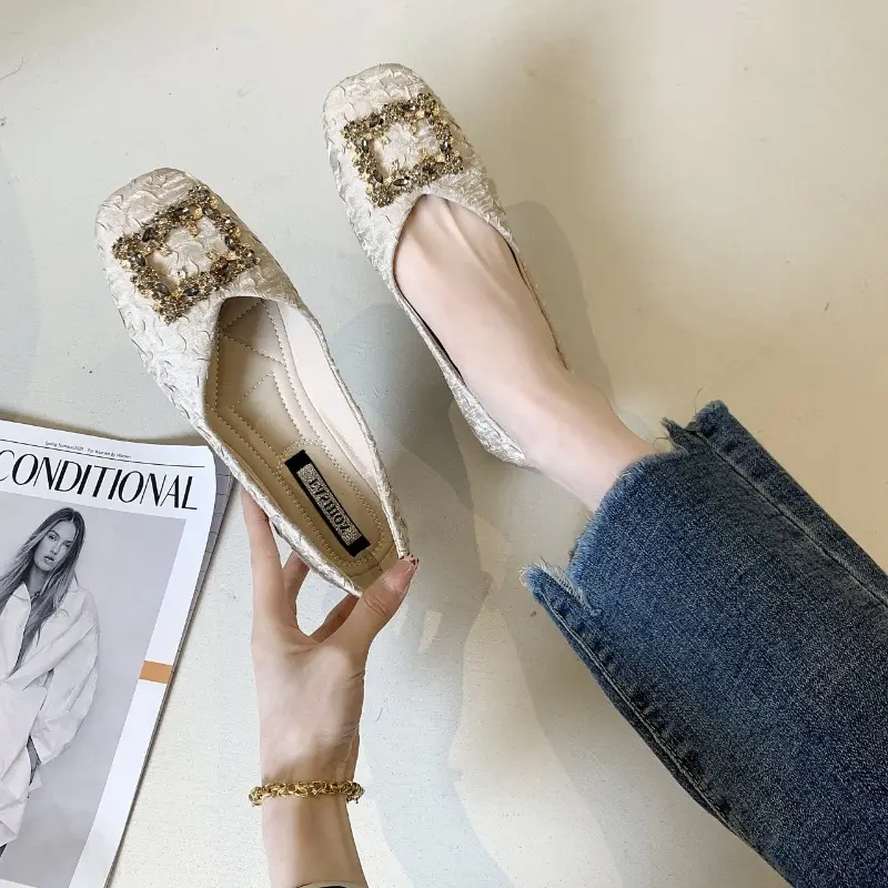 Women's Square Head Flat Shoes Fall New Shallow Mouth Rhinestone Square Buckle Fashion Shoes