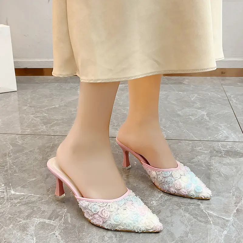 Temperament Baotou Slippers Summer New Pointed Toe Shallow Mouth Flower Slip-on Non-slip Wear-resistant Stiletto High Heels