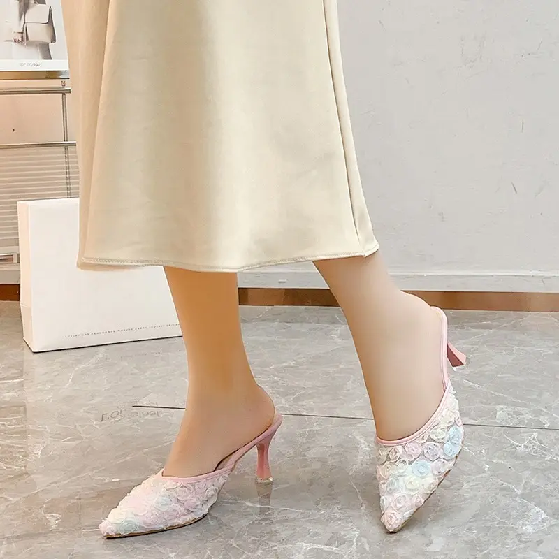Temperament Baotou Slippers Summer New Pointed Toe Shallow Mouth Flower Slip-on Non-slip Wear-resistant Stiletto High Heels