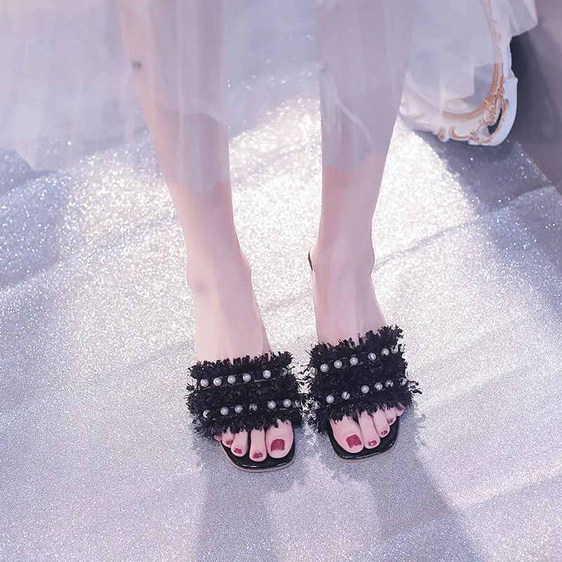 Chunky Heel Slippers for Women To Wear As Outerwear in Summer, New Square Toe Open Toe Pearl Fashionable Mid-heel Sandals