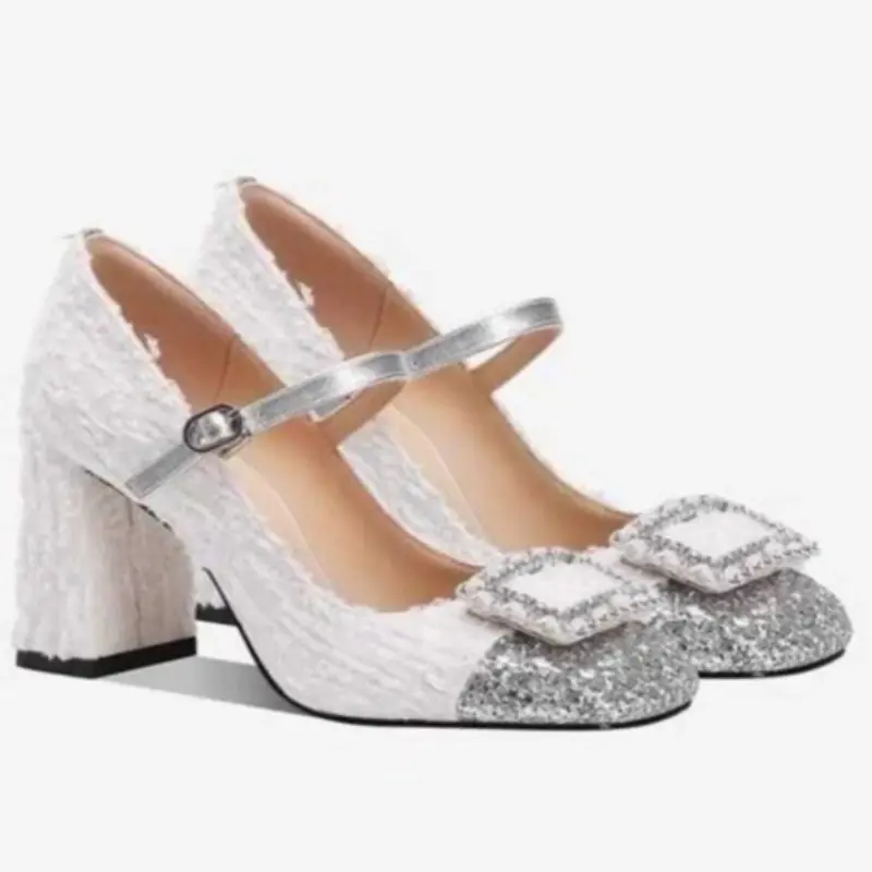 Autumn new coarse heel shoes women's round head shallow mouth color diamond buckle anti-slip wear-resistant low-top shoes