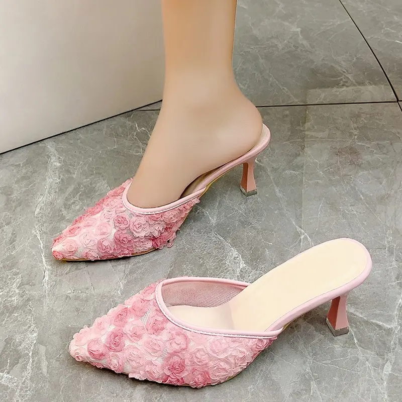 Temperament Baotou Slippers Summer New Pointed Toe Shallow Mouth Flower Slip-on Non-slip Wear-resistant Stiletto High Heels