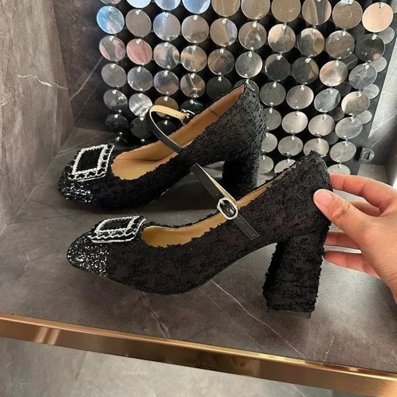 Autumn new coarse heel shoes women's round head shallow mouth color diamond buckle anti-slip wear-resistant low-top shoes