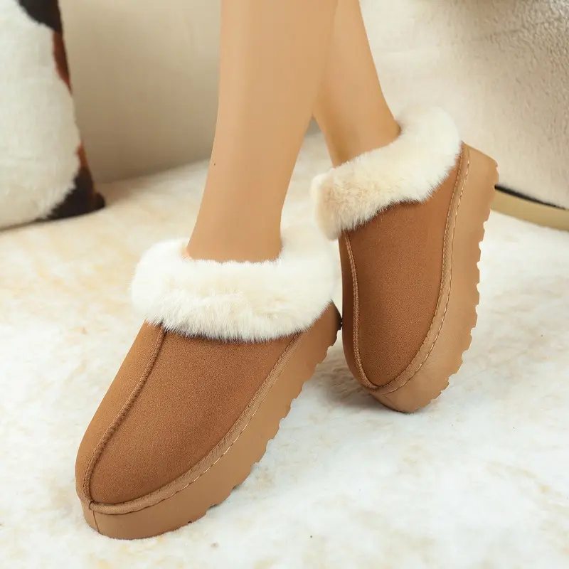 Platform Round Toe Wool Shoes Women's Outside Wear Autumn and Winter New Warm Fur Integrated Anti-slip Platform Snow Boots